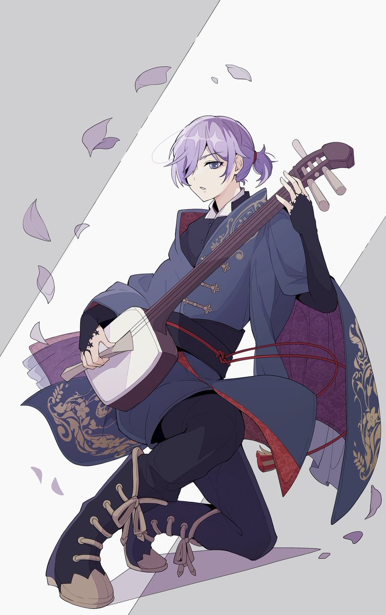 instrument 1boy male focus purple hair solo boots petals  illustration images