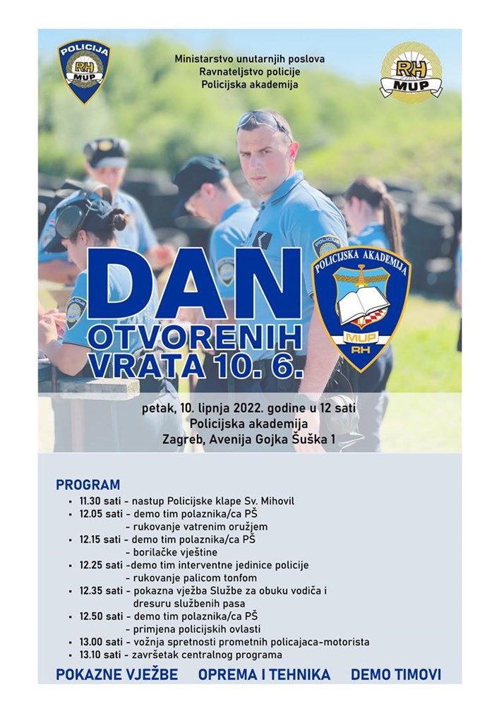 📣Pozivamo građane, a posebno mlade, da dođu u petak, 10. lipnja na Policijsku akademiju u Zagrebu gdje će se, od 9 do 14 sati, održati promocija policijskog zanimanja.

Više informacija doznajte na 🔗bit.ly/3Q8Dq6I, a program možete pročitati i ovdje⬇️
