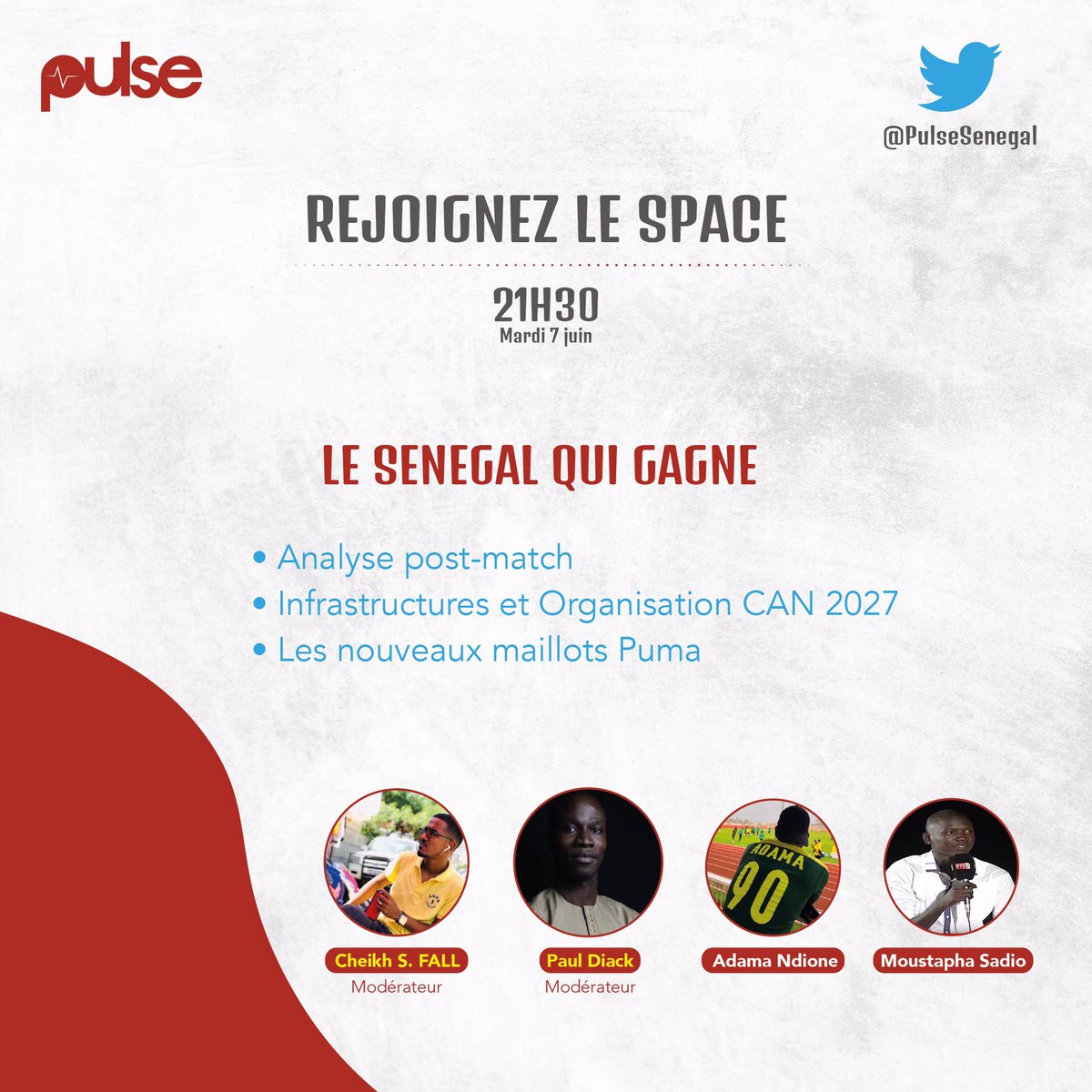 PulseSenegal's tweet image. Rejoignez-nous ce soir à 21h30 pour  un Space spécial avec @ndione_ada et @TaphaHargreavz .On y abordera plusieurs points notamment une analyse post match (Senegal vs Rwanda) , la candidature du Sénégal pour la can 2027 et les nouveaux maillots puma !

#PulseSpace