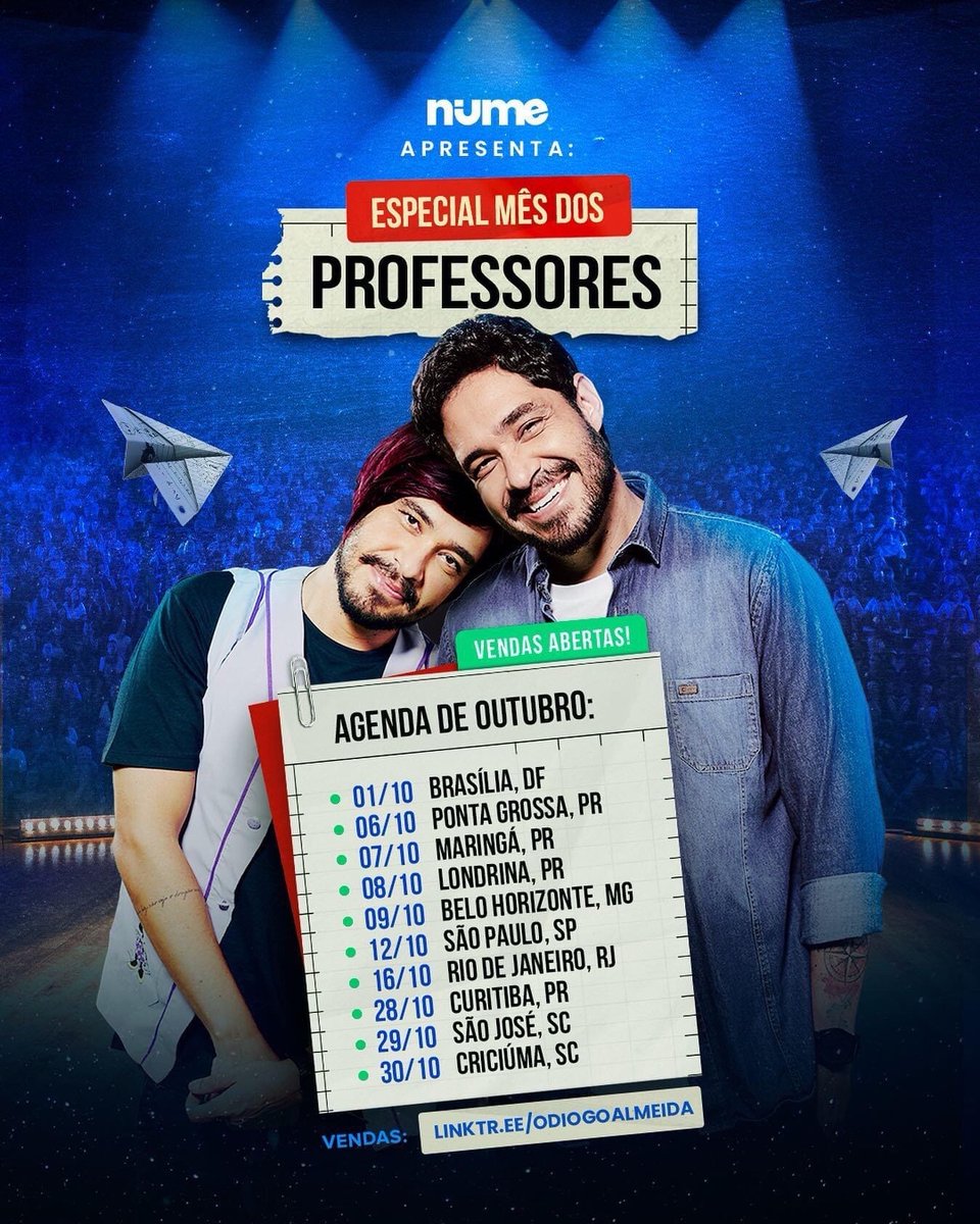 numeproducoes's tweet photo. Para comemorar o Mês dos Professores, o Diogo Almeida] criou um Show muito especial. 
Será uma turnê em 10 cidades apenas.
Novos personagens, gravação das Histórias pedagógicas e até um certificado de participação desse show especial. 😍

🙌🏻🚀 https://t.co/rZ4J2n15mm