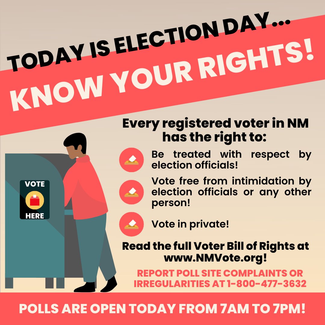 Today is Election Day 🗳 If you experience or witness any irregularities or wish to file a complaint about your voting experience, call the NM Secretary of State's Office at 1-800-477-3632!

#NativeVoters #PrimaryElections #ElectionDay #Vote #ElectionsMatter #ElectionProtection