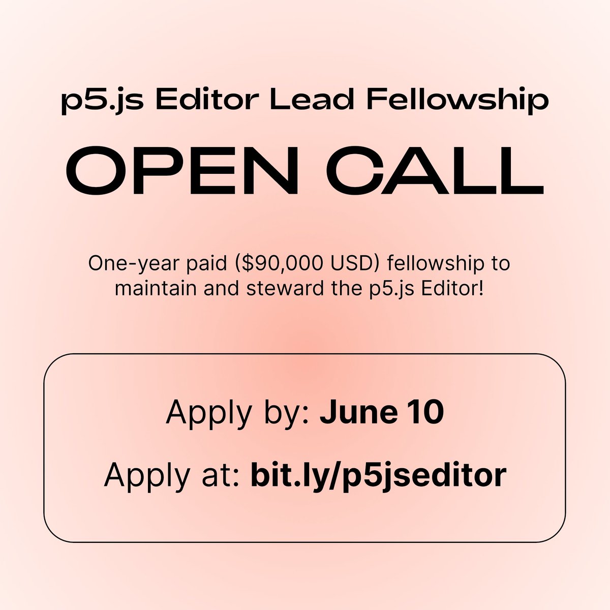 laurenleemack's tweet image. It's the last week to apply for the p5.js Editor Lead and Processing Community Lead fellowships! Receive $90k stipend + mentorship to lead impactful projects. Deadline 6/10!