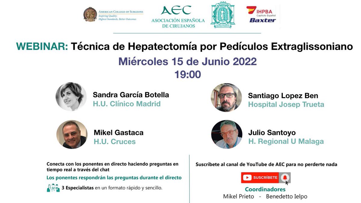 MikelPrieto4's tweet photo. El próximo miércoles 15 de junio a las 19:00 CET NO PUEDES PERDERTE el estreno del webinar sobre la técnica de hepatectomía por pediculos extraglissonianos de @seccionhbpaec @aecirujanos @CEIHPBA  por @LopezBenS,Dr Gastaca y el Dr Santoyo moderados por @Sgbotella https://t.co/UpNChhKOWp