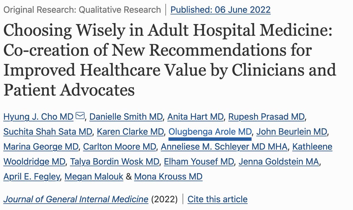 (1/8) Sharing something I'm proud of:

w/ <a href="/ABIMFoundation/">ABIM Foundation</a> &amp; <a href="/SocietyHospMed/">Society of Hospital Medicine</a> we developed #ChoosingWisely recs on unnecessary things that cause harm 4 our hospitalized patients.

BUT we did it WITH patients &amp; advocates. Not just running it by them, but...

link.springer.com/article/10.100…