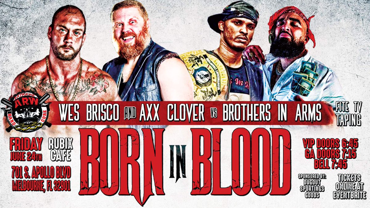 WrestlingAtomic's tweet photo. @WrestlingAtomic is excited to announce this HUGE Tag Team Match for "Born In Blood" on Friday June 24th at Rubix Cafe in Melbourne Florida! @Wesbrisco &amp; @axxclover vs. @jason32796 &amp; @moneymakingche - Tickets at the link below:

https://t.co/fvw5KqmDLR https://t.co/mdYOtJVHcN