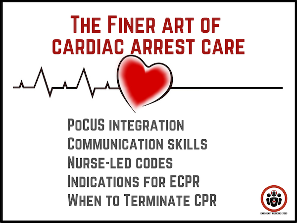 EMCases's tweet photo. The Art of Cardiac Arrest Care 

With @emcrit @EmICUcanada @AnotherICUdoc Rob Simard

*Integration of PoCUS
*Master Communication Skills - EMS handover, team, family
*Nurse-led codes
*Indications for E-CPR
*When to "Call the Code"

https://t.co/dsdgi4w93w
#FOAMed https://t.co/kH1XFhqemE
