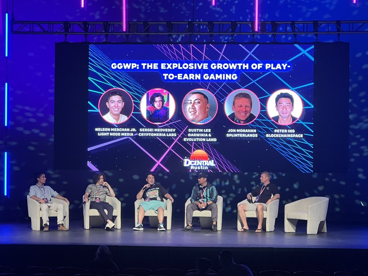 The Explosive Growth of Play to Earn Panel with <a href="/imcryptohustler/">Dustin Lee</a> <a href="/splinterlands/">Splinterlands</a> <a href="/CryptomeriaLabs/">Cryptomeria Labs</a> @LightNodeMedia <a href="/BlockChainSpace/">Block Chain Space</a> @DcentralCon