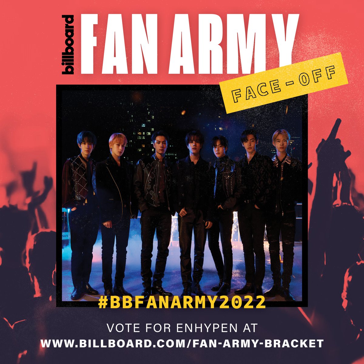 billboard's tweet photo. Attention #ENGENE! 🚨 Don’t miss your chance to vote for @ENHYPEN in Round 1 of #BBFanArmy2022! https://t.co/SnL25r6k2J https://t.co/17d3mbVBdk