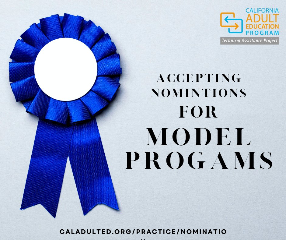CAEP TAP invites nominations of new, emerging, and promising programs operating within the CAEP field that have some measure of success and may be replicable for other CAEP agencies.

 This year’s nomination period is April 27, 2022 - August 17, 2022.

caladulted.org/Practice/Nomin…