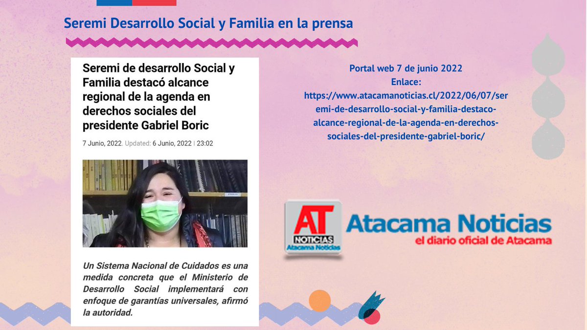 MDSAtacama's tweet photo. 🗞️En la prensa. Seremi @MDSAtacama  destacó los alcances de la agenda de Derechos Sociales.

Agradecemos a los medios:

✅RT Noticias: https://t.co/EAk7qY7a2g
✅Atacama Noticias https://t.co/qZRnDTU4Xw
✅Diario Bramador https://t.co/Q27fZvDSsE
✅HVA Radio https://t.co/wyai0qsUxM https://t.co/BGVRljFsqx