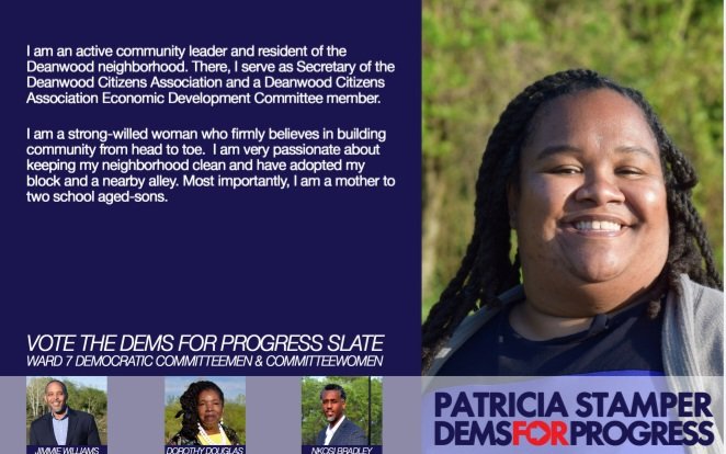 W7Dems4Progress's tweet photo. VOTE for the Dems for Progress slate members Jimmie Williams, Nkosi Bradley, Dorothy Douglas and myself Patricia Stamper.
#Ward7VOTES #Ward7 #DemsForProgress #Ward7DemsForProgress https://t.co/j233dTSGWj
