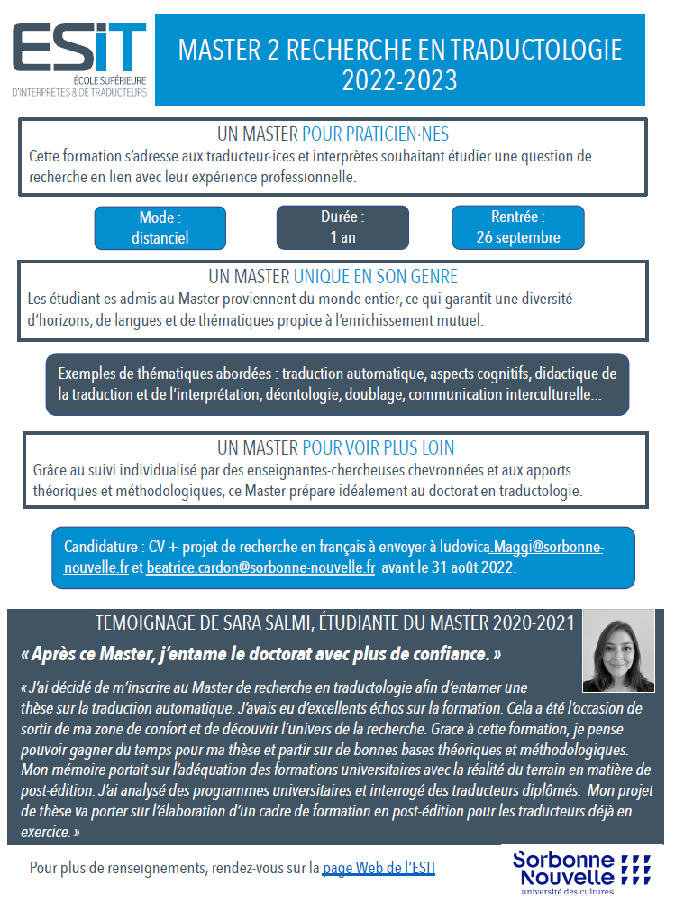 Les candidatures sont ouvertes pour rejoindre le M2 Recherche de l'<a href="/ESIT_Paris3/">ESIT</a> ! Ce master qui s'adresse aux praticien.nes de la traduction ou de l'interprétation se déroulera en distanciel intégral. Tous les renseignements sont sur le site : cutt.ly/cJDrvLd
