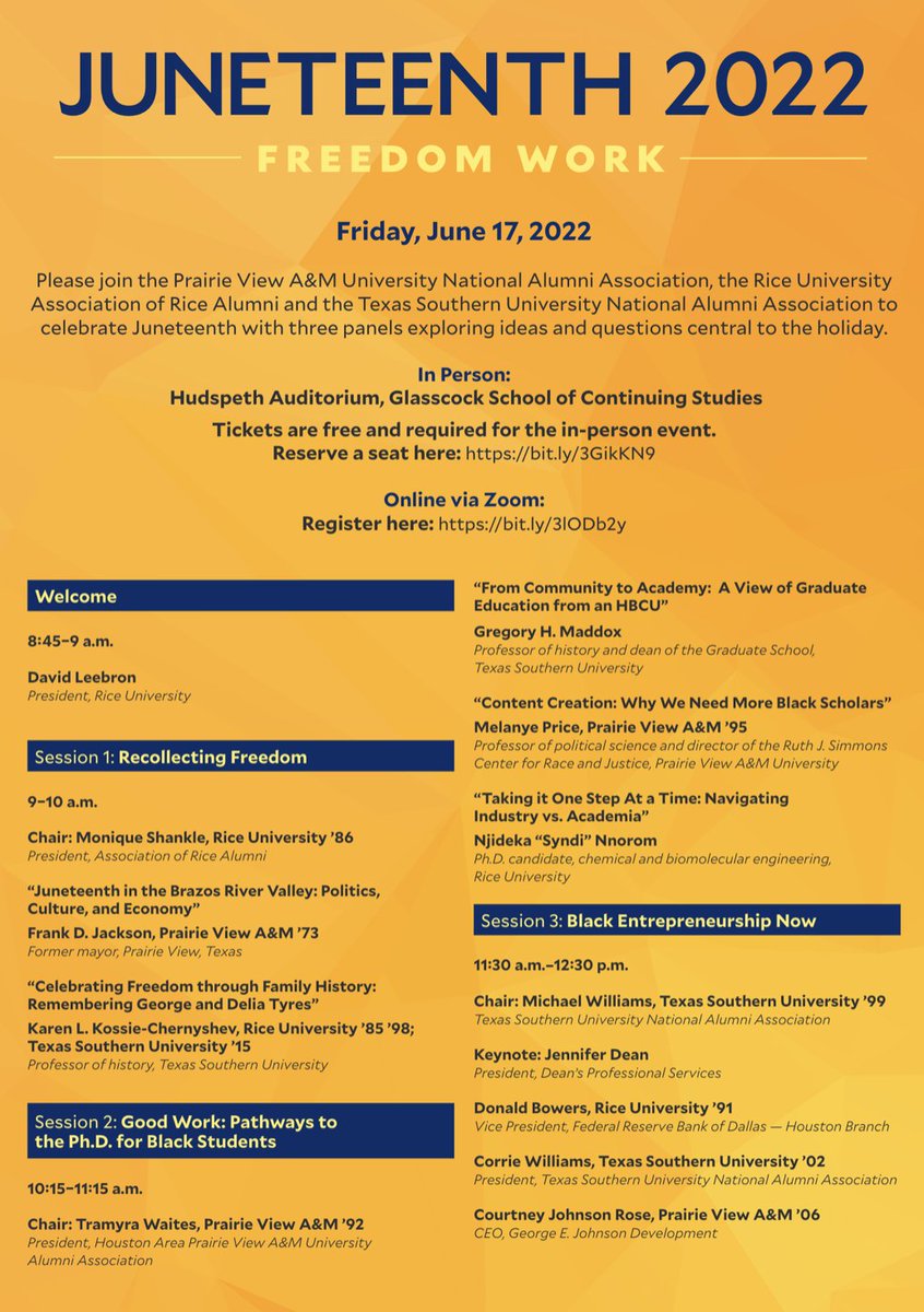#Juneteenth2022 - Friday, June 17, 2022
@RiceUniversity 

Tickets are free & required for the in-person event. 
Reserve a seat here: bit.ly/3GikKN9
Online registration here: bit.ly/3lODb2y