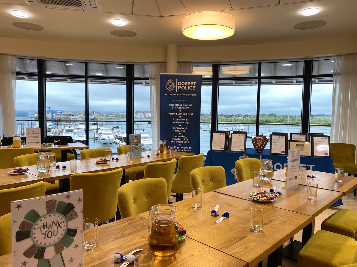 dorsetpolice's tweet photo. We are all ready for our Citizens in Policing Awards in Poole to recognise the amazing contribution of our volunteers who help us support our communities and keep them safe. What a setting! @CadetsDorset @DorsetVOL @DorsetSpecials https://t.co/RNYbHMiid6