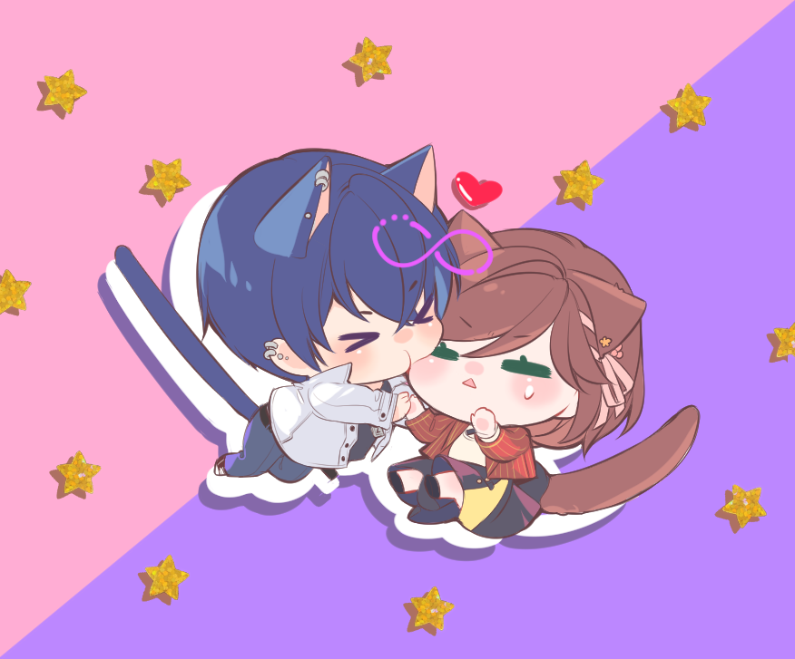 1girl 1boy jacket animal ears brown hair cat tail cat ears  illustration images