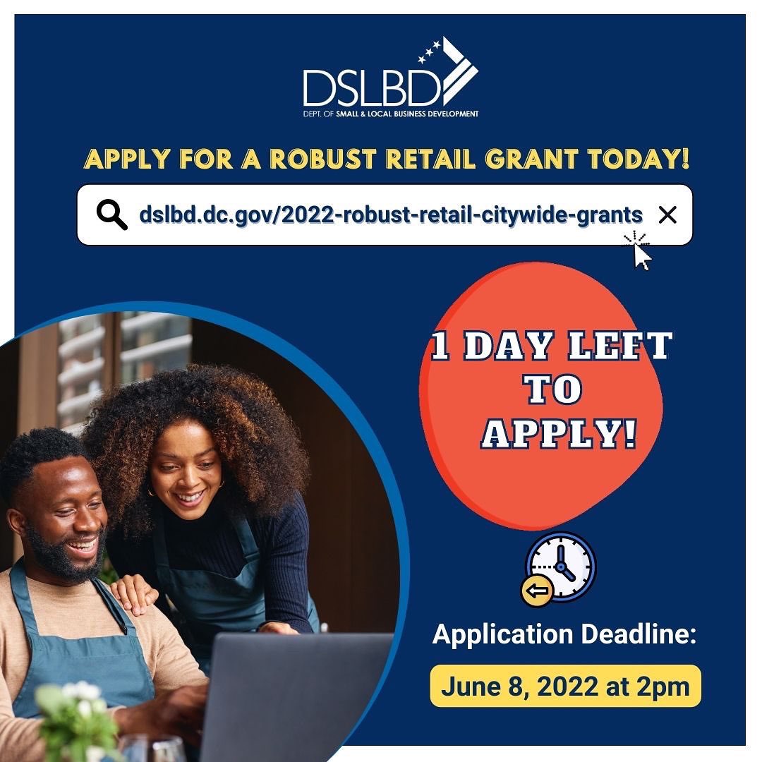 SmallBizDC's tweet photo. Did you apply yet? 🤔
Here is a friendly reminder that the deadline to apply for a #RobustRetail #grant is tomorrow, Wednesday June 8 at 2pm! ⏰
You could be eligible to receive up to $7,500 in funds for your #DC #smallbusiness.
➡️ Apply here: https://t.co/yGX1cFwDQM https://t.co/1u3JPvhoXJ