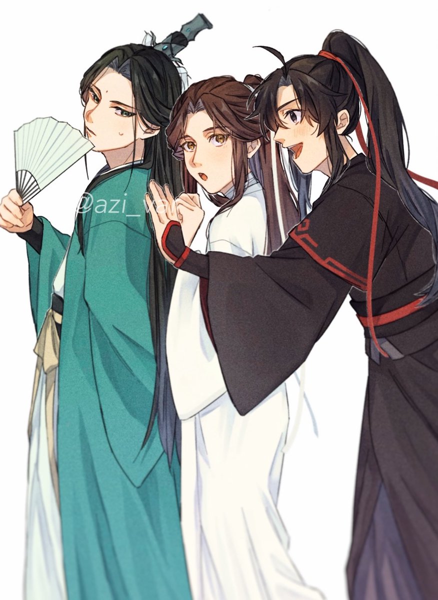 chinese clothes hand fan multiple boys holding fan black hair long hair hanfu  illustration images