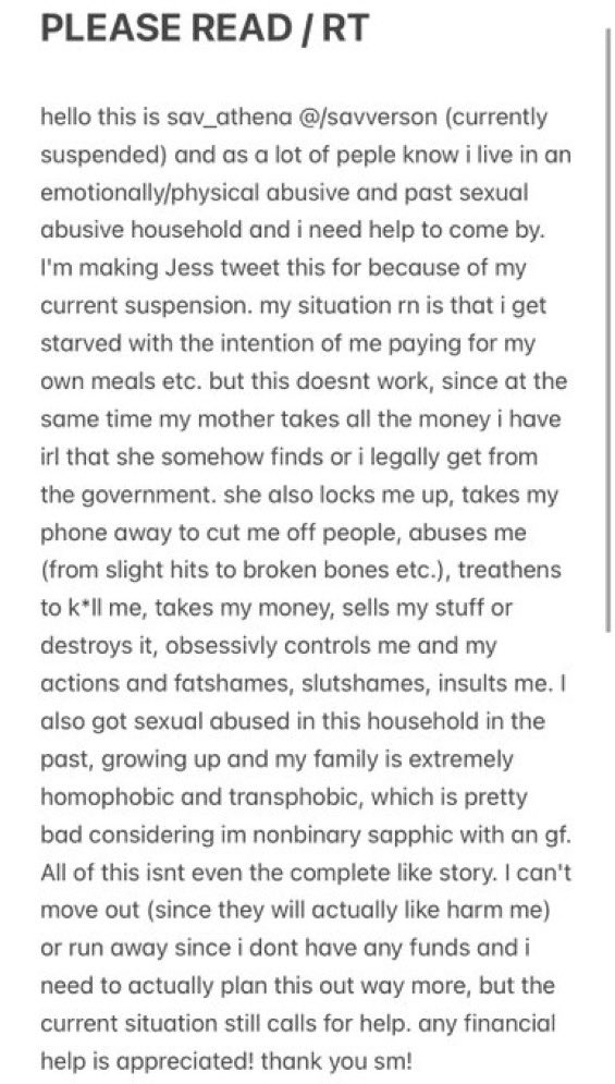 mellohibench's tweet photo. // abuse , sexual abuse , starvation 
it’s pretty heavy so only read if you’re comfortable

hi everyone!! please read this and rt, any donations would be so greatly appreciated because i want to help my gf get out of this awful situation, thank you so much https://t.co/sVgfkt994m https://t.co/OrO9OTpI7t