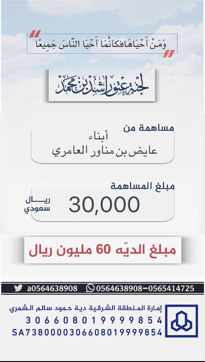 #مساهمة : ابناء عايض بن مناور العامري 
بمبلغ : 30,000 
#عتق_رقبة_راشد_السبيعي