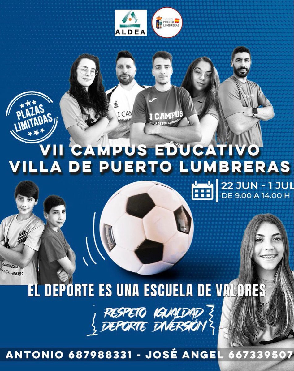 ⚽️ Vuelve una nueva edición del Campus de Verano 🌞 “Villa de #PuertoLumbreras 👦🏻 🧒, que se celebrará del 22 de junio al 1 de julio. Los responsables del mismo son <a href="/garlopa7/">joseangelsanchez7</a> y <a href="/antoniolopez5/">Antonio lópez</a>
Las plazas son limitadas 🥅 
✍️ Inscripciones: forms.gle/zeKAx1jEPmVjCx…
#PuertoLumbreras