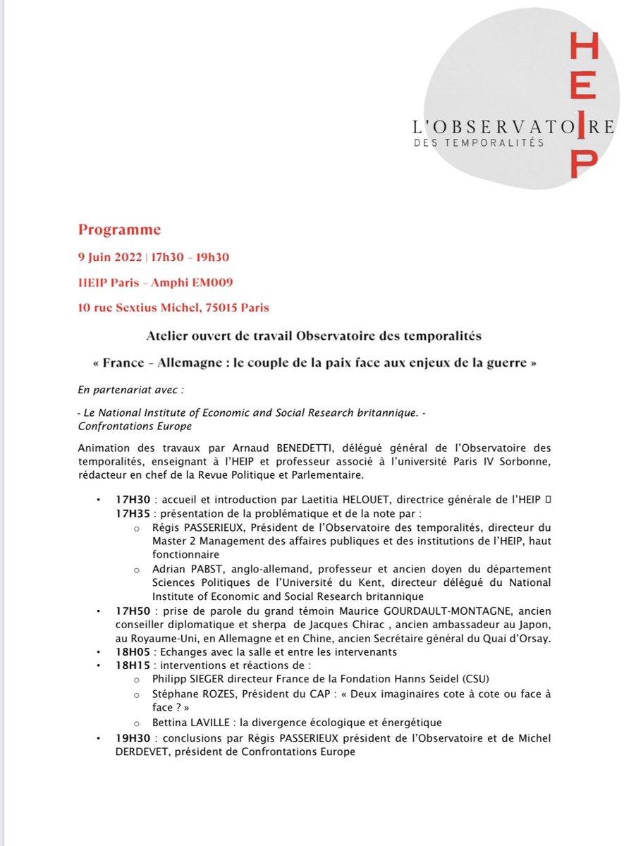 Le couple franco-allemand, de la paix à la guerre en Ukraine.
Atelier ouvert dans lequel j’interviens avec d’ autres .⁦<a href="/HEIP_Politics/">HEIP - Hautes Études Internationales & Politiques</a>⁩ ⁦<a href="/RegisPasserieux/">Regis Passerieux</a>⁩ ⁦<a href="/Benedetti65/">Benedetti arnaud</a>⁩ ⁦<a href="/RevuePol/">Revue Politique</a>⁩ ⁦<a href="/AdrianPabst1/">Adrian Pabst</a>⁩ ⁦<a href="/MDerdevet/">Michel Derdevet</a>⁩ ⁦<a href="/StephaneRozes/">Stéphane Rozès</a>⁩