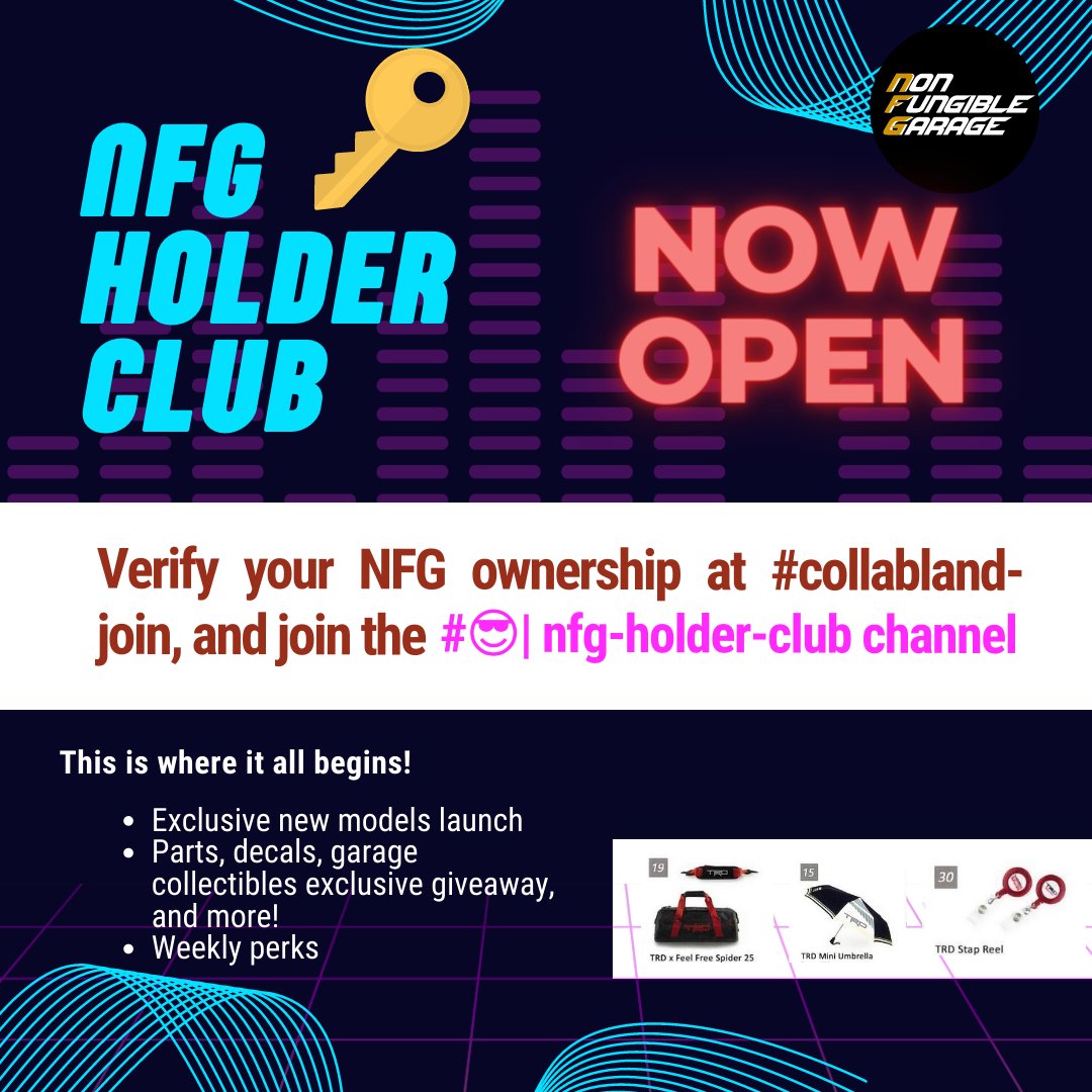 NeedForGarage's tweet image. The NFG HOLDER CLUB is now officially open!

Dear all NFG holders,
Claim your spot in the club asap!

More information in the Discord announcement!

#NFG #SolanaNFT