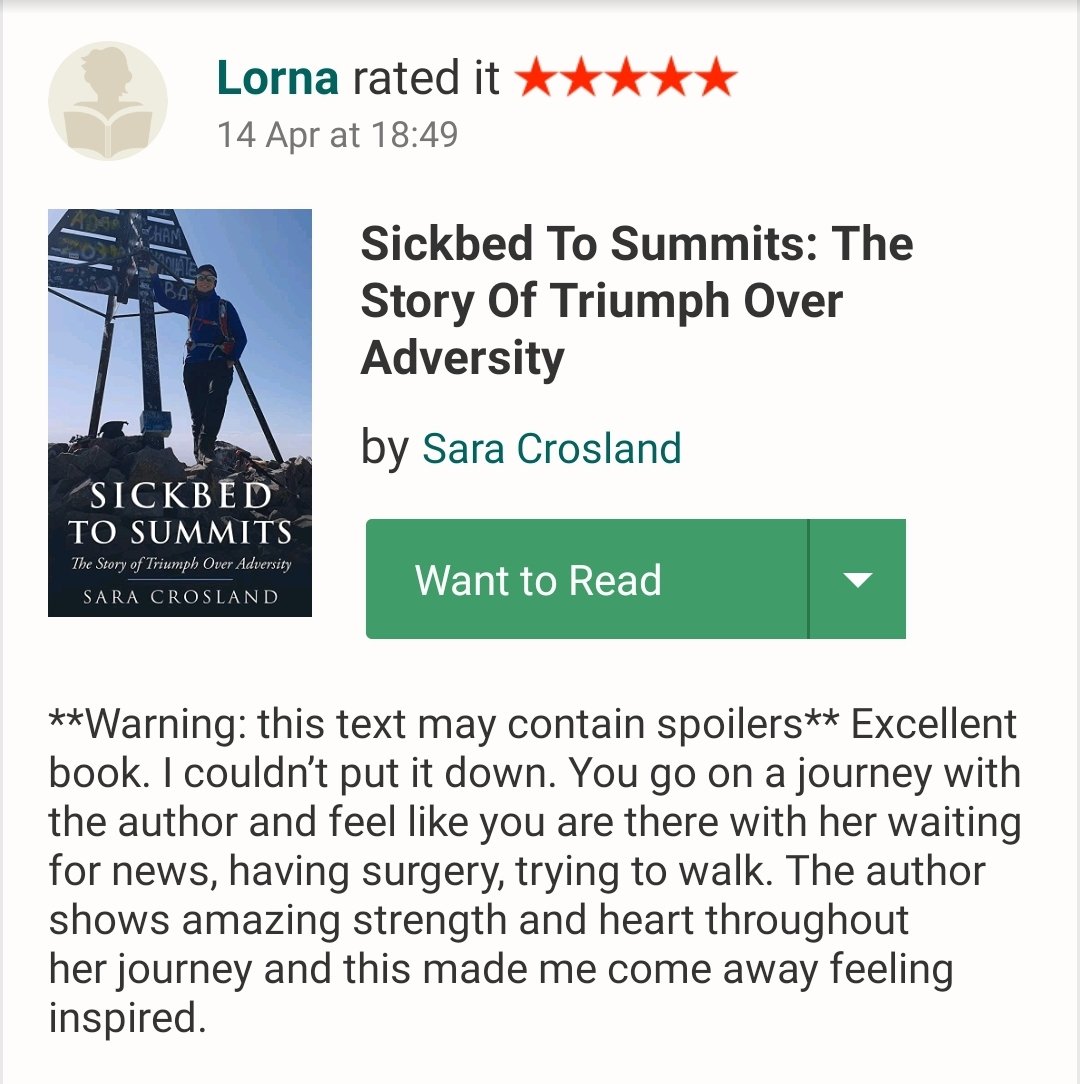 saracrosland's tweet photo. "Excellent book. I couldn't put it down... this made me come away feeling inspired."
βββββ
#SickbedToSummits #TrueStory #BookReview https://t.co/xdXDH5Fk12