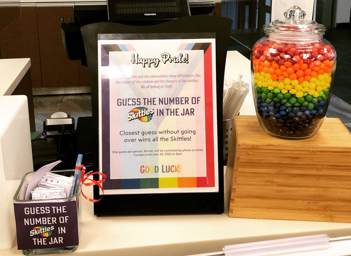 We’re celebrating pride &amp; the community’s many differences, like the colours of the rainbow and the flavours of the Skittles 🌈 Stop by <a href="/OtonabeeCollege/">Otonabee College</a> dining hall and guess the number of Skittles in the jar.  Closest guess without going over wins all the Skittles! Ends June 30