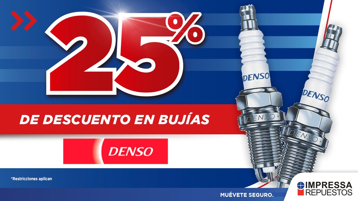 IMPRESSAREP's tweet image. ¡Arranca con más Chispa! 💥 APROVECHA 25% de descuento en tus bujías DENSO 😉 Cotízalas al 2278-9999 o por WhatsApp: bit.ly/3uxLJ10

🔷Promoción del 1 al 30 de junio 2022
🔷Ver restricciones: bit.ly/2Ee6Orr