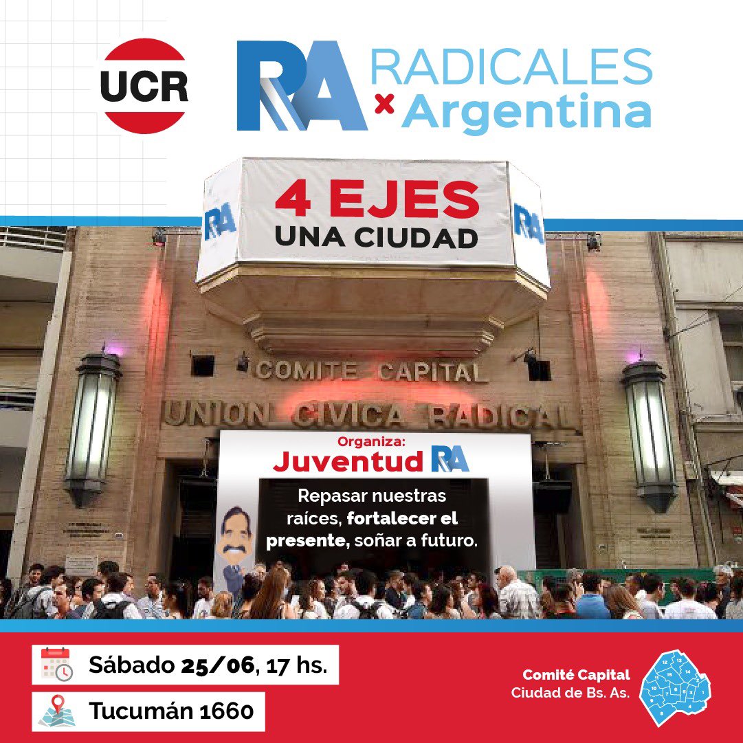 radicalesxarg's tweet photo. Trabajamos en 4 ejes (Norte, Sur, Centro y oeste) lo hicimos repasando nuestras raíces, para fortalecer el presente y soñar el futuro.
4 ejes, una ciudad.
Sábado 25  a las 17 hs, desde @JRxARGENTINA damos cierre a este  ciclo en el comité capital. https://t.co/g5LautXloR