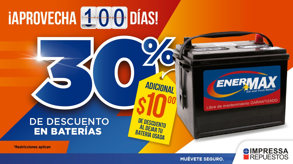 IMPRESSAREP's tweet image. ¡100 días de promoción! ⚡ APROVECHA 30% de descuento en tu batería ENERMAX 🤩 Cotízala al 2278-9999 o por WhatsApp: bit.ly/3uxLJ10

🔷 Promoción del 1/6/22 al 8/9/22
🔷Ver restricciones: bit.ly/2Ee6Orr