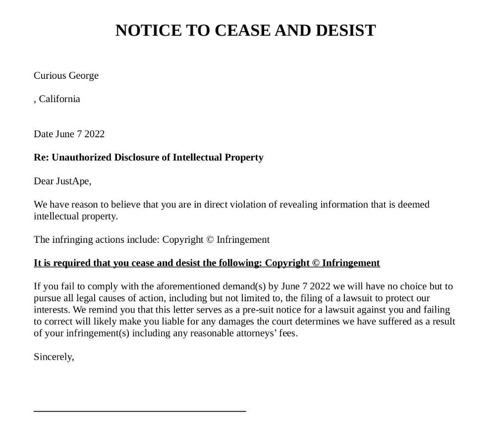 EFFECTIVE IMMEDIATELY! 

JustApe This is your Notice to Cease and Desist