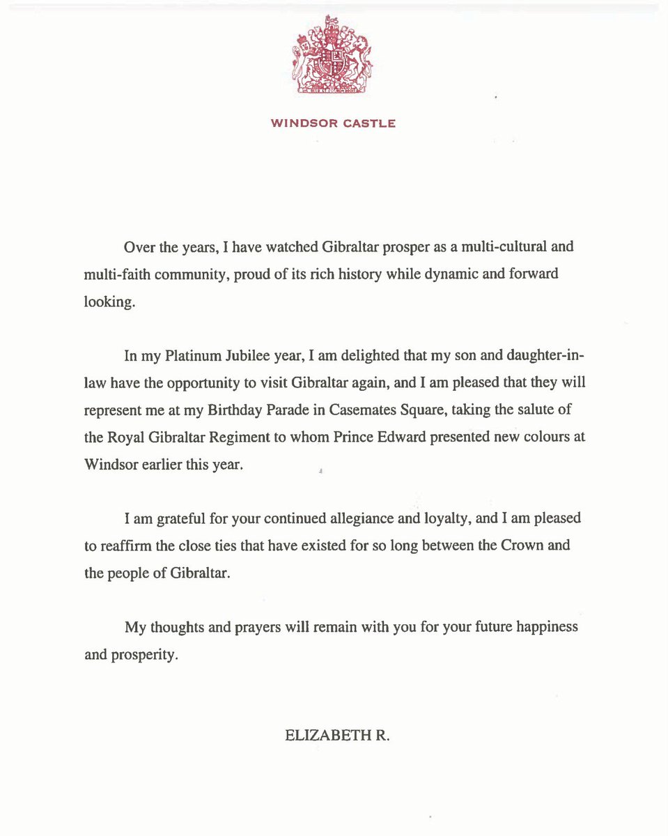 A message from Her Majesty The Queen to the people of Gibraltar.
