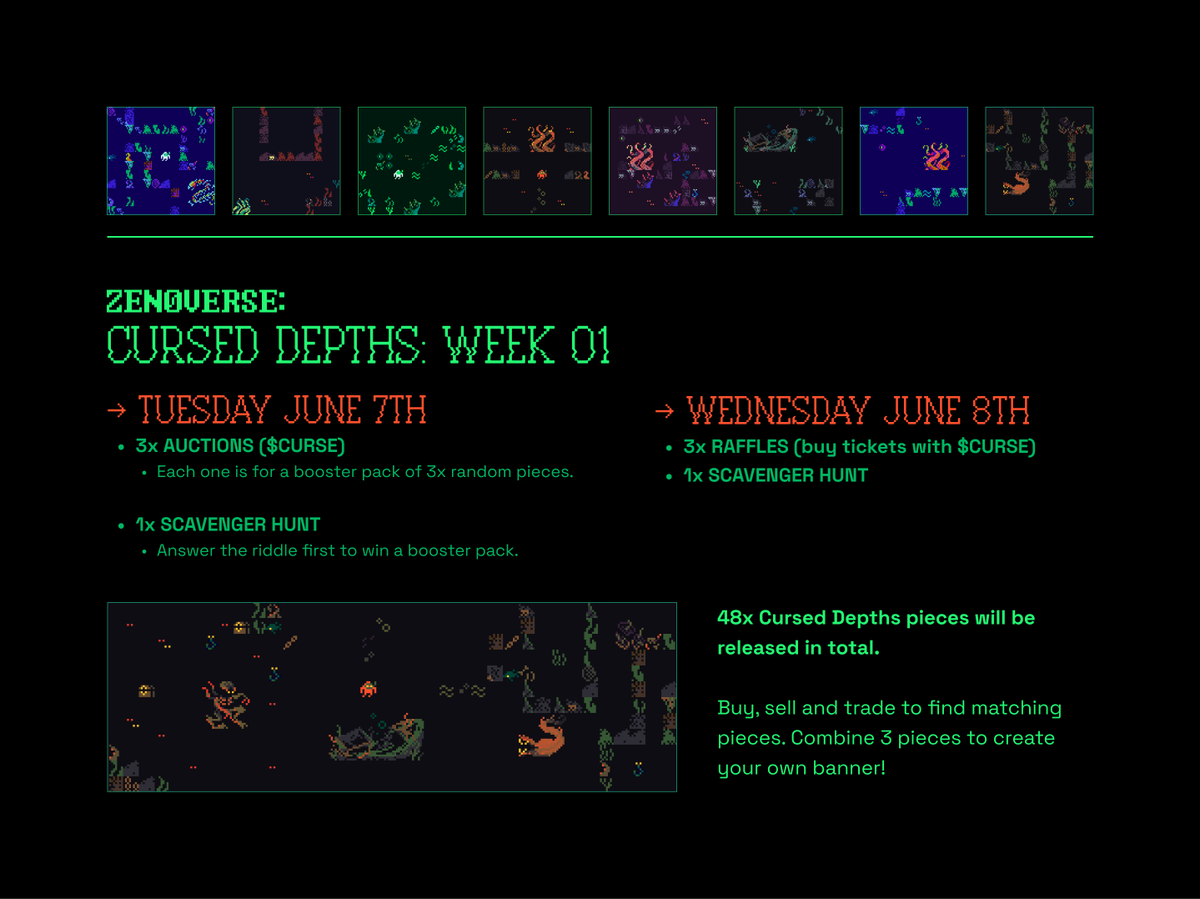 zen0m's tweet photo. ⚡ Zen0verse: Cursed Depths

The first part of my @CursedMikes collaborative drop is LIVE!

3x Auctions - Each for a pack of 3x random pieces, which can be mixed and matched to build custom banner designs. 

1x Scavenger Hunt - Solve the riddle to win a pack of 3. 

Details 🧵👇 https://t.co/vQOOSBz2Xu