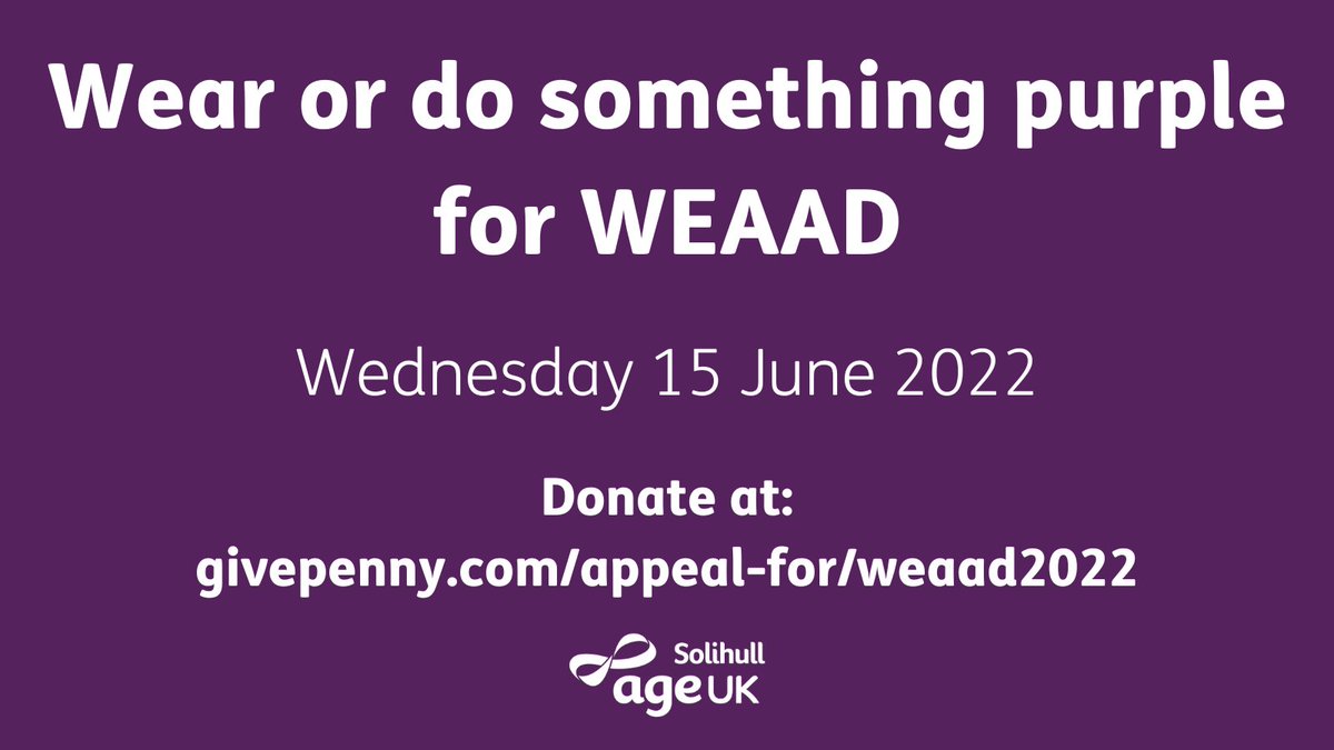 Just over a week until World Elder Abuse Awareness Day! We've teamed up with <a href="/SolihullSAB/">Solihull Safeguarding Adults Board</a> again to highlight the issue of abuse of older people.

We're inviting you to wear or do something PURPLE on Wednesday 15 June &amp; DONATE to: givepenny.com/appeal-for/wea…

#SolihullHour #WEAAD2022