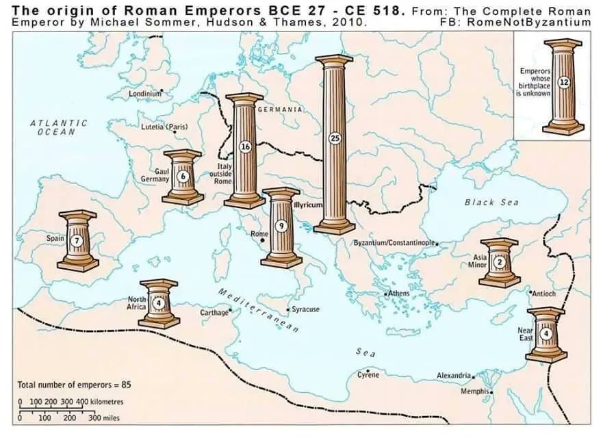 Place of birth of the Roman Emperors from BCE 27 to CE 518. Many Roman Emperors were born outside of modern day Italy. Source: buff.ly/2TJdwb9
