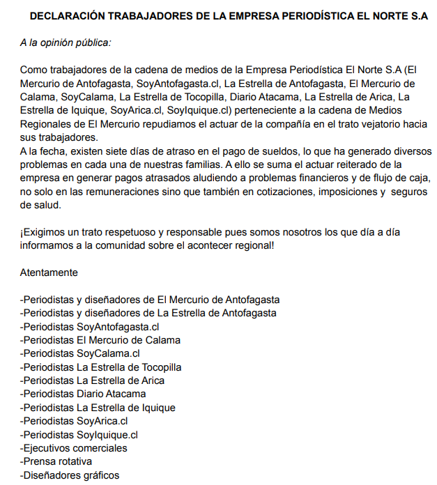 🔴 Trabajadores de la Empresa Periodística El Norte S.A. perteneciente al consorcio de empresas del El Mercurio denuncian atraso en el pago de sus sueldos.

Situación se viene repitiendo desde hace tiempo ante la indolencia de la empresa en el cumplimiento de sus obligaciones.