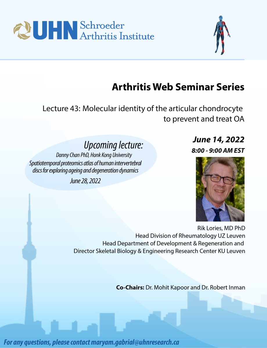 Schroeder Arthritis Institute (@schroederinst) on Twitter photo Join our next Arthritis Web Seminar Series Lecture on June 14, at 8am by Dr. Rik Lories, Head of the Div of Rheum <a href="/UZLeuven/">UZ Leuven</a> & of <a href="/DevReg_KULeuven/">Dept of Development and Regeneration - KU Leuven</a>, who will present on “Molecular identity of the articular chondrocyte to prevent and treat OA” → us02web.zoom.us/j/88054055642?…
PC: 908525 Join our next Arthritis Web Seminar Series Lecture on June 14, at 8am by Dr. Rik Lories, Head of the Div of Rheum <a href="/UZLeuven/">UZ Leuven</a> & of <a href="/DevReg_KULeuven/">Dept of Development and Regeneration - KU Leuven</a>, who will present on “Molecular identity of the articular chondrocyte to prevent and treat OA” → us02web.zoom.us/j/88054055642?…
PC: 908525