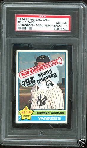 classicwaxpacks's tweet photo. Could you imagine owning this one? PSA graded #1976Topps Baseball #CelloPack with Munson on top, Fisk on the back. Happy birthday, #ThurmanMunson. #classicwax #vintagebaseballcards #baseballcards #waxpacks https://t.co/YIDyAE2yNx
