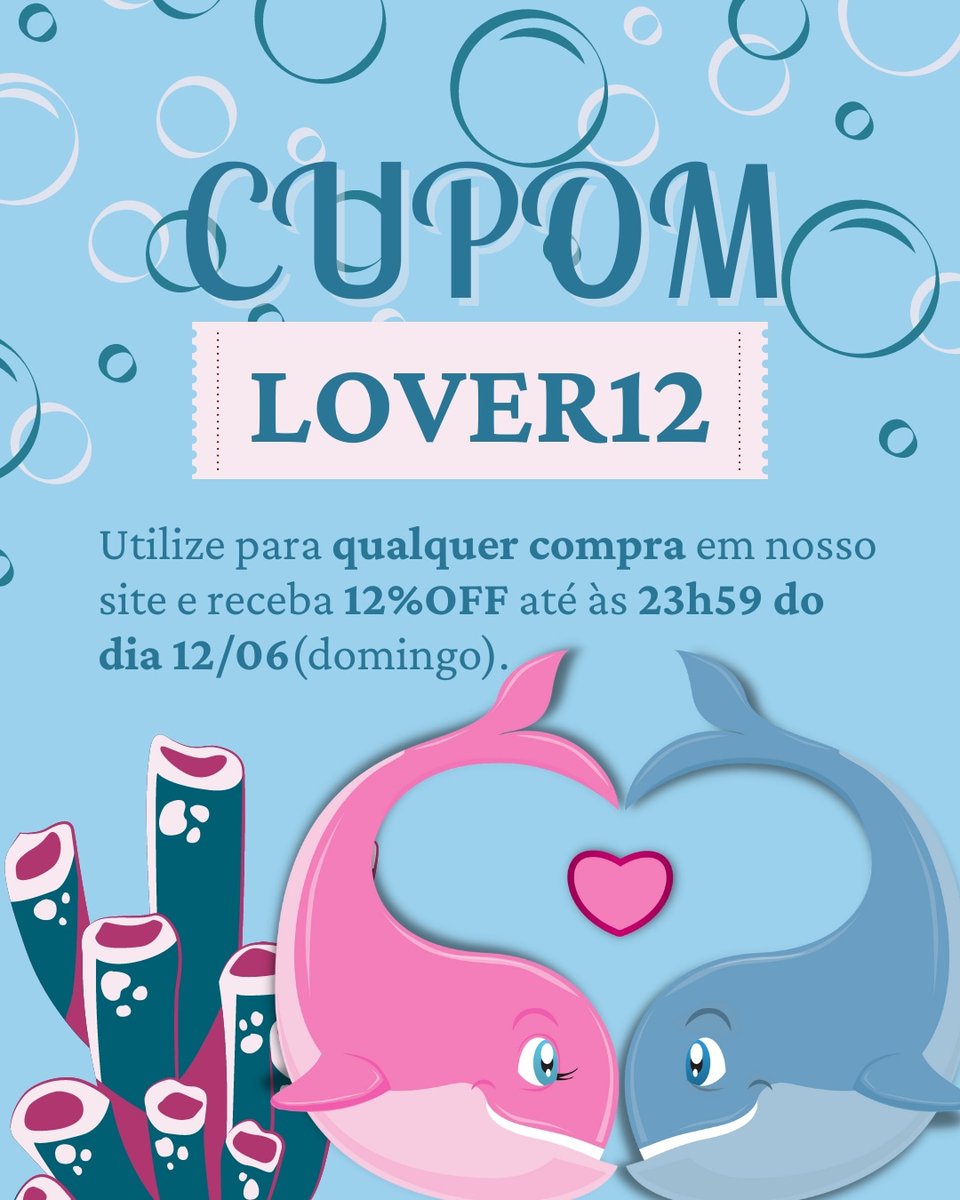 EditoraWhalien's tweet photo. 💙Em clima de romance, a baleinha decidiu presentear vocês com uma surpresa especial:  utilize o cupom LOVER12 para qualquer compra em nosso site e receba 12%OFF.

⏰Mas atenção, a promoção só é valida até às 23h59 do dia 12/06 (domingo) https://t.co/jfbvdbwBgj
