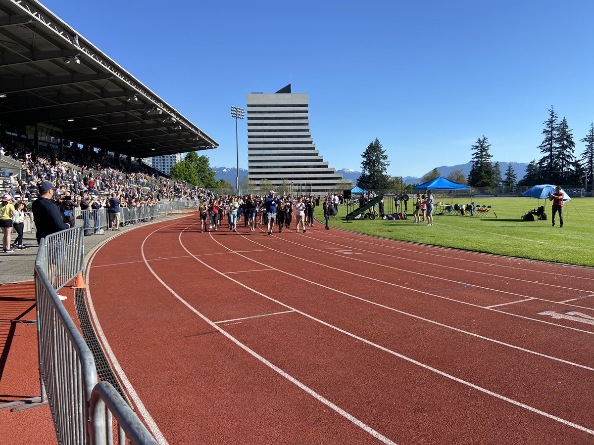 MrHockley's tweet photo. Congratulations to all the grade 4-7 student-athletes who competed at the annual @NVSD44 Elementary Track &amp; Field meet at Swangard stadium. So much spirit, fun &amp; talent on display in the Sun! Shout out to the Shot Pit crew who stayed on schedule - way to go team! https://t.co/YBKIV6Qpz9