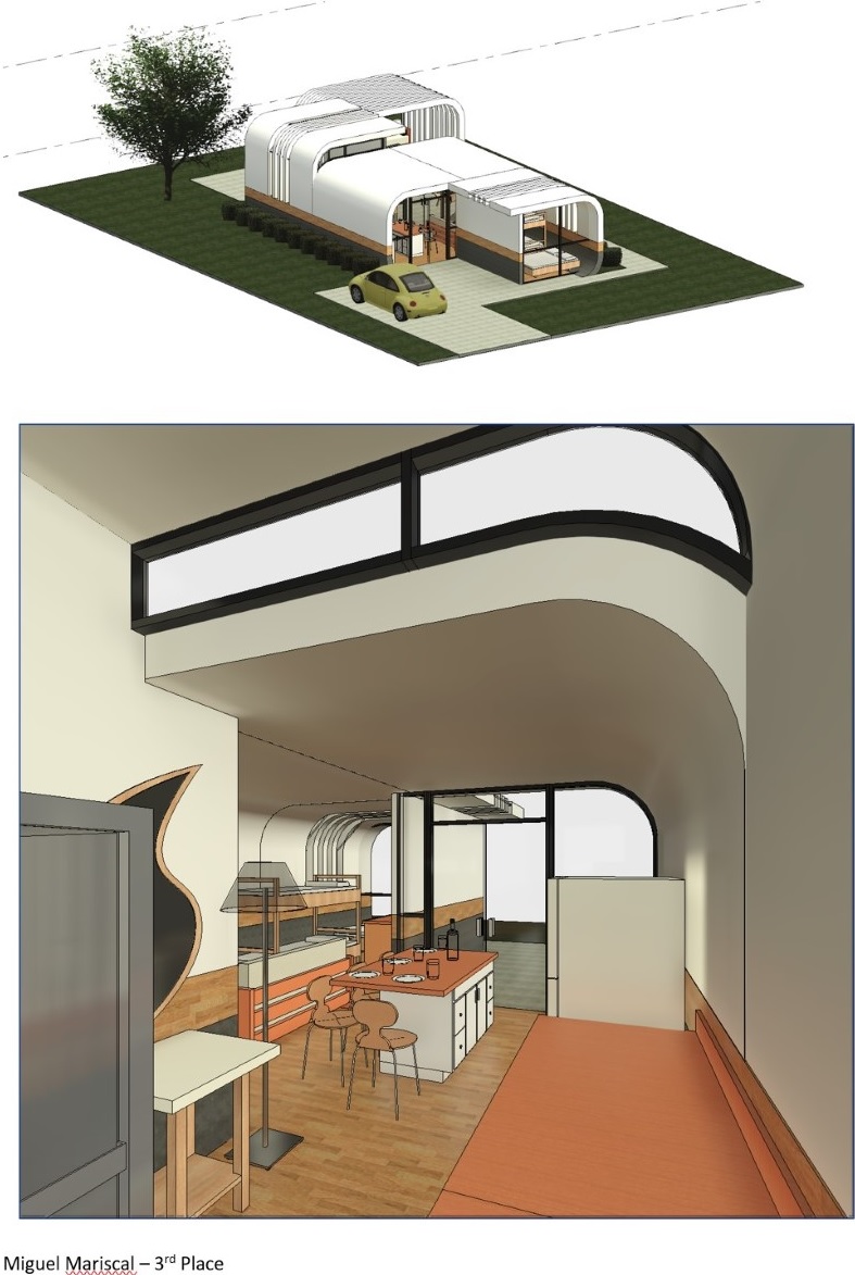 Senior architecture students designed a pair of living pods “LP200” &amp; “LP400”: LP200 were 200 sq ft for 2 people; LP400 were 400 sq ft for 4 people. Students utilized modular construction. Winners were: 1st - Brianna Rodriguez-Torres; 2nd - Jonathan Guzman; 3rd - Miguel Mariscal.