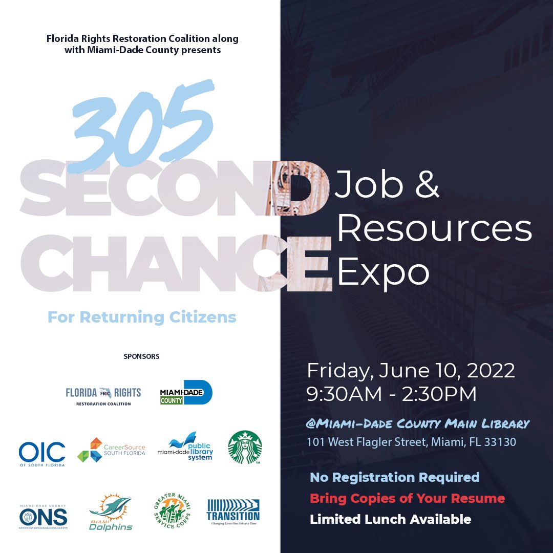 Miami Dolphins Foundation & Community Relations (@finsoffthefield) on Twitter photo Are you a returning citizen looking for a new job in <a href="/MiamiDadeCounty/">Miami-Dade County</a>? Join <a href="/FLRightsRestore/">Florida Rights Restoration Coalition</a> this FRIDAY for the Second Chance Job & Resource Expo!
Get Access to:
âś… 50+ Employers
âś… Fines & Fees Assistance (to those who qualify)
âś… Seal & Expungement Reviews Are you a returning citizen looking for a new job in <a href="/MiamiDadeCounty/">Miami-Dade County</a>? Join <a href="/FLRightsRestore/">Florida Rights Restoration Coalition</a> this FRIDAY for the Second Chance Job & Resource Expo!
Get Access to:
âś… 50+ Employers
âś… Fines & Fees Assistance (to those who qualify)
âś… Seal & Expungement Reviews