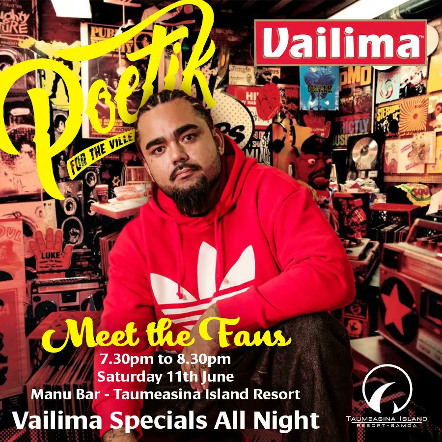 VailimaOfficial's tweet photo. 😎One of the leading talents making it big overseas is on island and ready to meet the fans. Poetik will be at Taumeasina Island Resort this Saturday 11th June, so come down and enjoy a Vailima with him from 7.30pm.🍻

#Vailima #TheTasteofSamoa https://t.co/OL0qUqhrXj