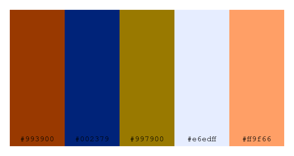 ColPaletteBot's tweet photo. Beep beep, here's a pretty color palette for you!
color-scheme.js parameters used:
- hue: 238
- variation: hard
- colors: #993900, #002379, #997900, #e6edff, #ff9f66
Have a lovely evening!
#twitterbot #colorpalette #colors #palette #prettycolors https://t.co/QkFQ2LKZ7p