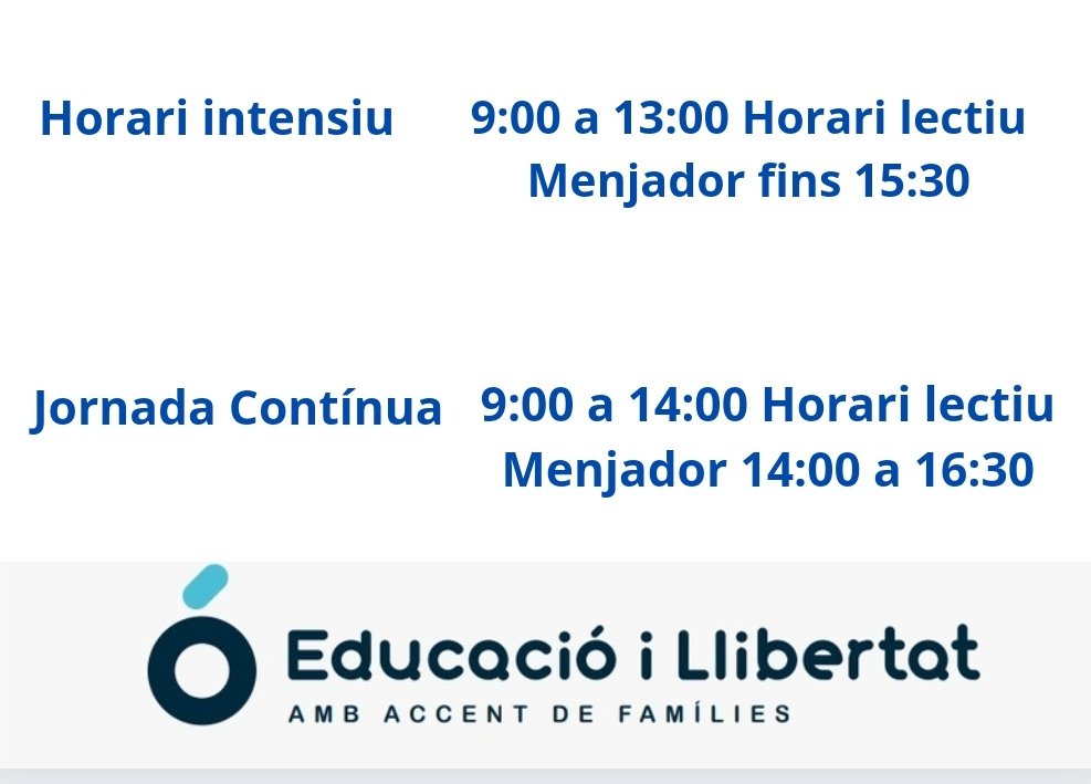 Avui ha començat la jornada intensiva, moltes famílies han de pagar servei d'acollida per poder conciliar. Amb la  jornada continua, no es redueix el temps lectiu i el seu horari de sortida és flexible: 14:00h, 15:30h i 16:30h. #volemjornadacontinua <a href="/JosepGCambray/">Josep G. Cambray</a> <a href="/EduiLlibertat/">Associació Educacio i Llibertat</a>