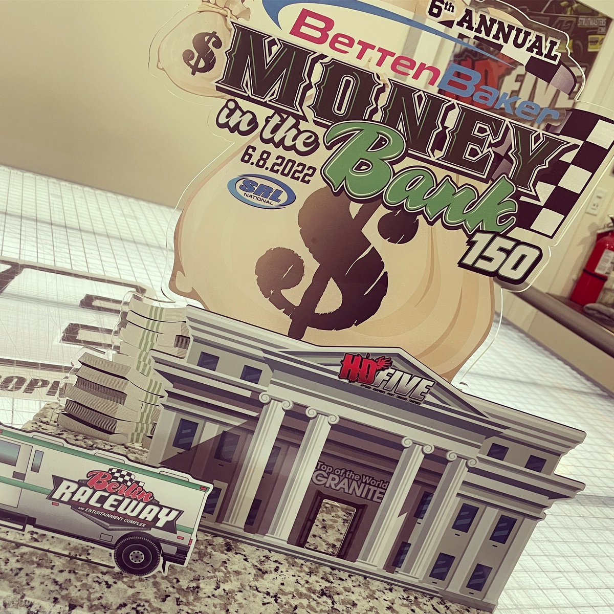 HorvathDesign's tweet photo. It’s the piece of hardware what everyone is looking to take home this week. The #MoneyInTheBank is officially here and the trophy is on its way to @berlinraceway. If you miss this event you will be sorry. #Designed2win #BestOfTheBest #HDFive #HD5 #HD5Trophies #HD5DustCollection https://t.co/nffNZQxpyI
