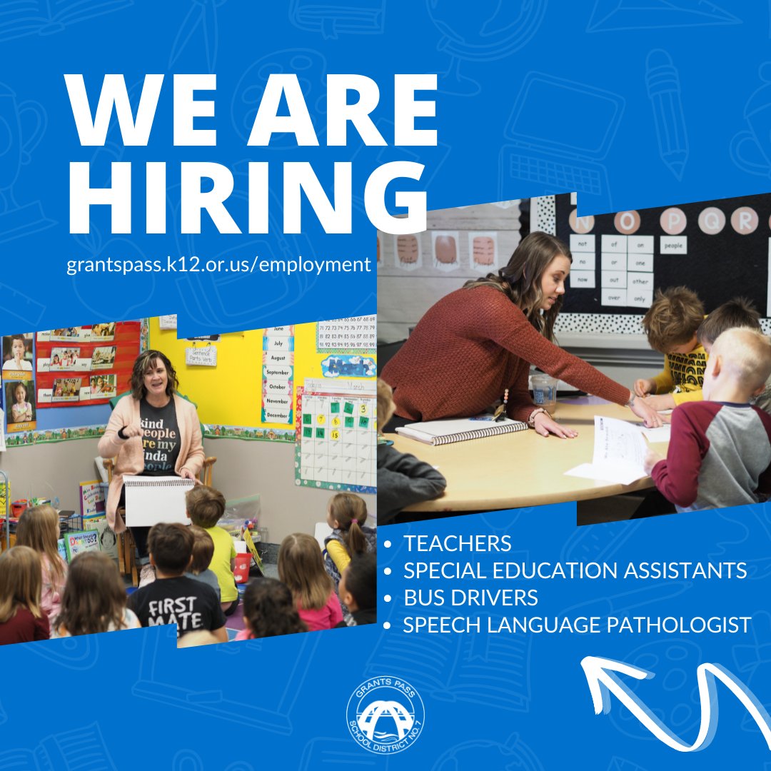 Join our team, and make a difference in the lives of students!

We have a variety of positions available, including full and part-time.

Teachers
Special Education Assistants
Bus Drivers
Speech Language Pathologists
Food Service

Apply: grantspass.k12.or.us/employment #WeAreGP