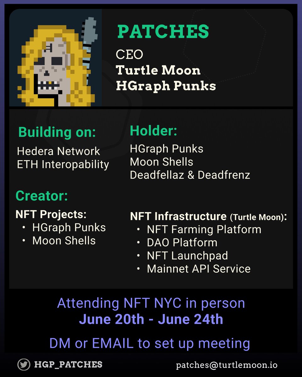 I'll be attending @NFT_NYC in person from June 20th to June 24th.

Excited to meet a bunch of creators, meet some fellow @Deadfellaz holders, and talk about #nfts #hedera #greennfts #hbarnfts #ethnfts and so much more :D 

#NFTNYC #NFTNYC2022