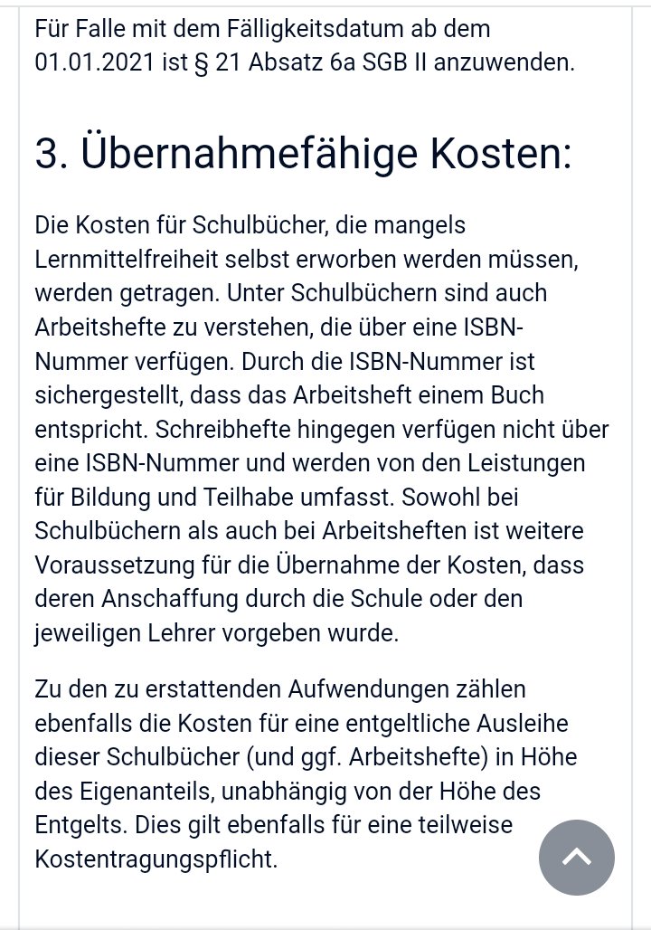 @Ichbinkluegerer Absolut unterirdisch der Kommentar.

Aber seit 1.1.21 gibt es dafür tatsächlich einen passenden Mehrbedarf.
Den Mehrbedarf für Schulbücher und Arbeitshefte nach §21 Abs 6a SGB II.

Hier ein Teil des passenden WDB1-Beitrags der BA und der Link dazu:

arbeitsagentur.de/#1478888561107